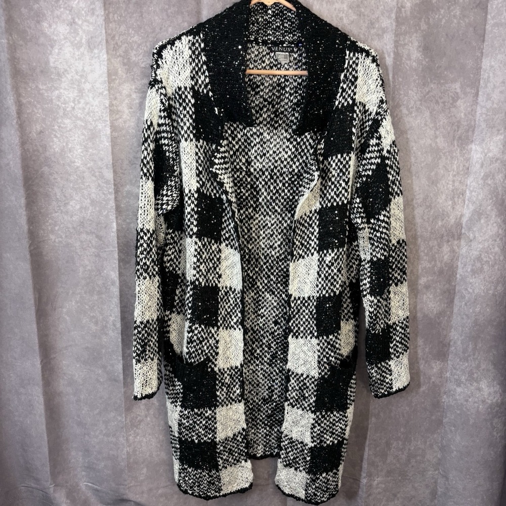 Venus‎ Sequin Women's Med Black Sparkly Glitzy Plaid Formal Party Long Cardigan